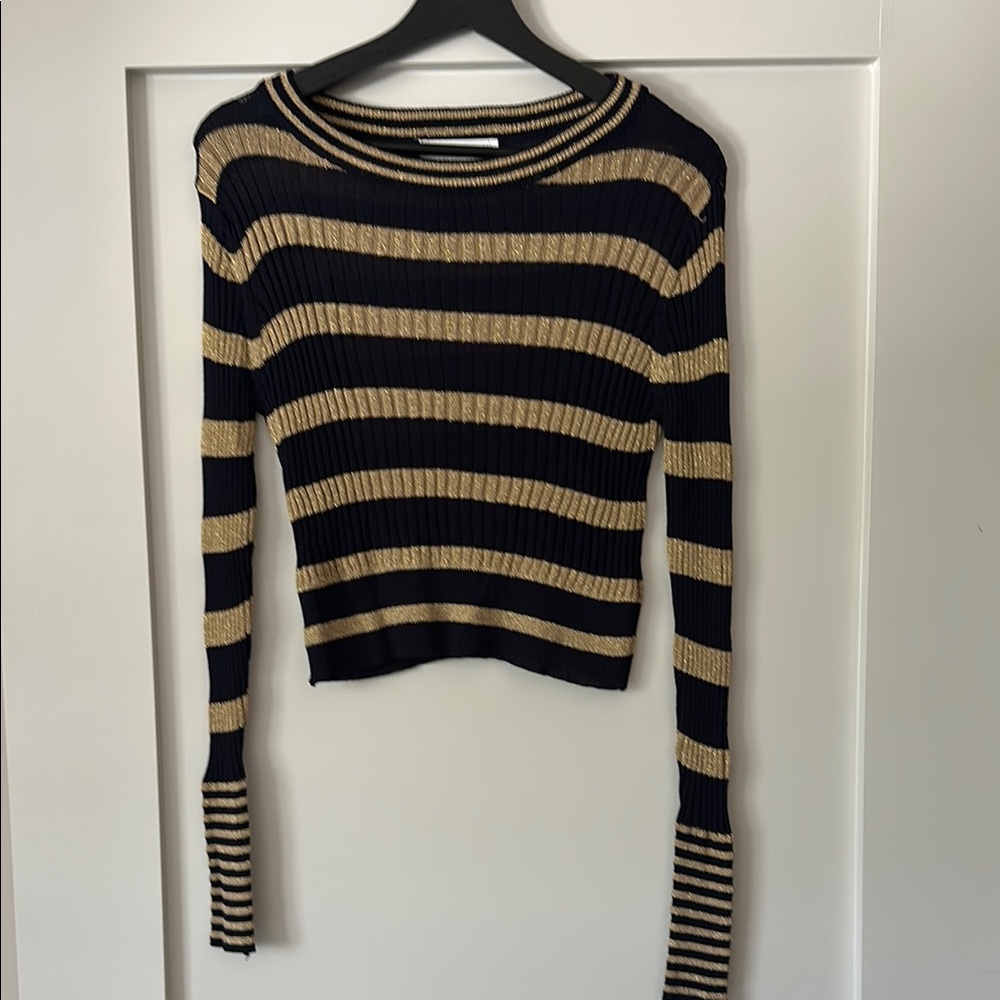 Zara Navy and Gold Striped Knit Top